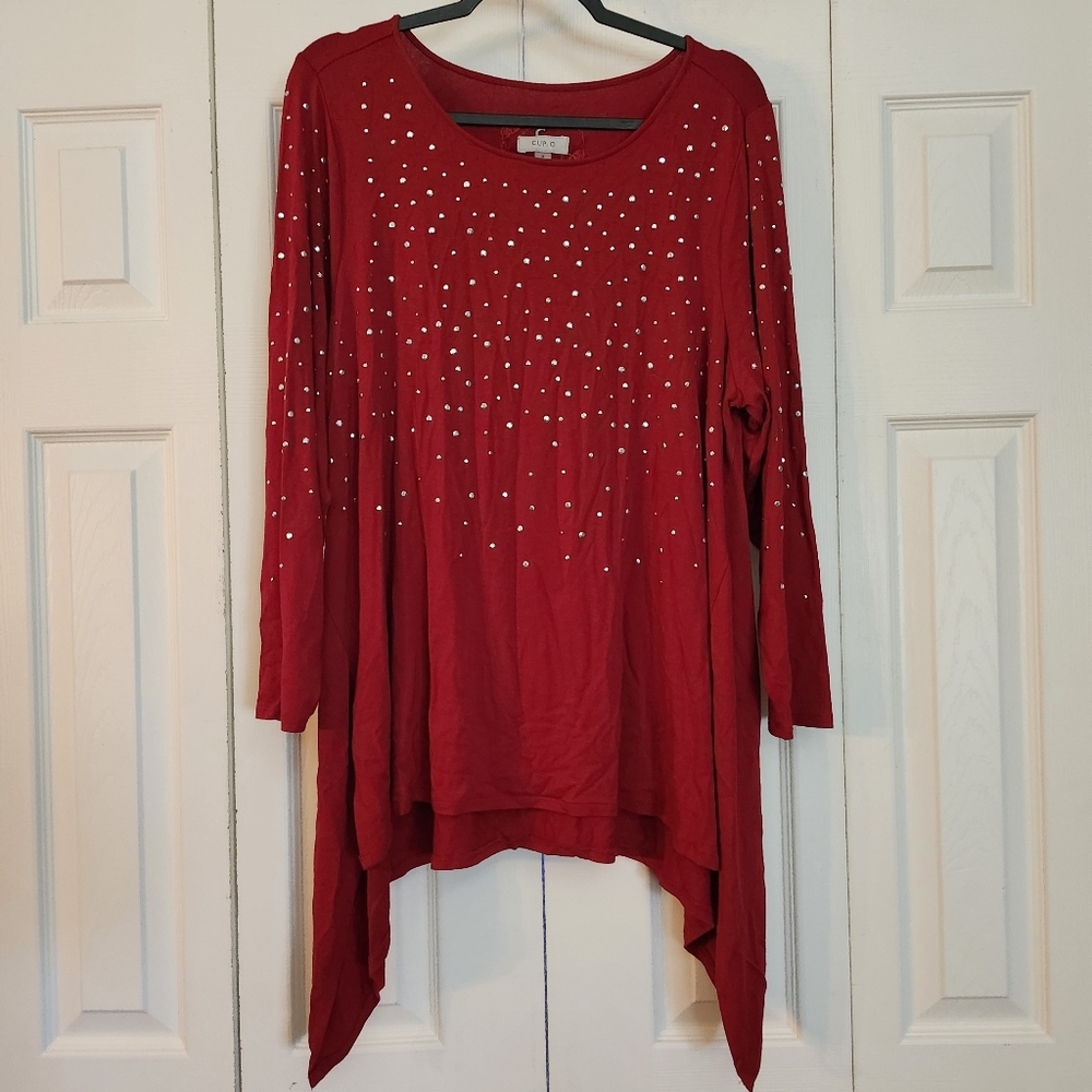Cupio Red‎ 3/4 Sleeve Sequin Embellished Kerchief Hem Blouse Size 1X